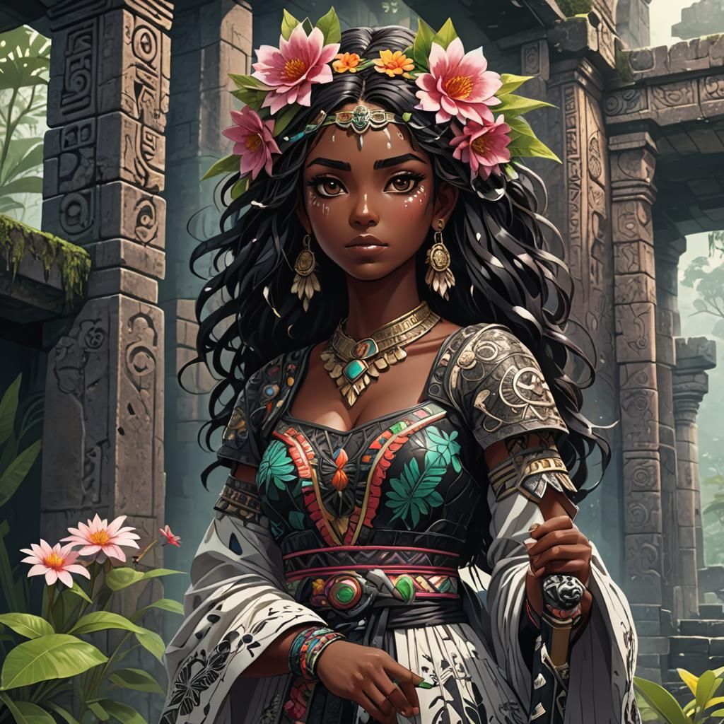 Latina Anime Girl with Obsidian Sword in Mesoamerican Ruins