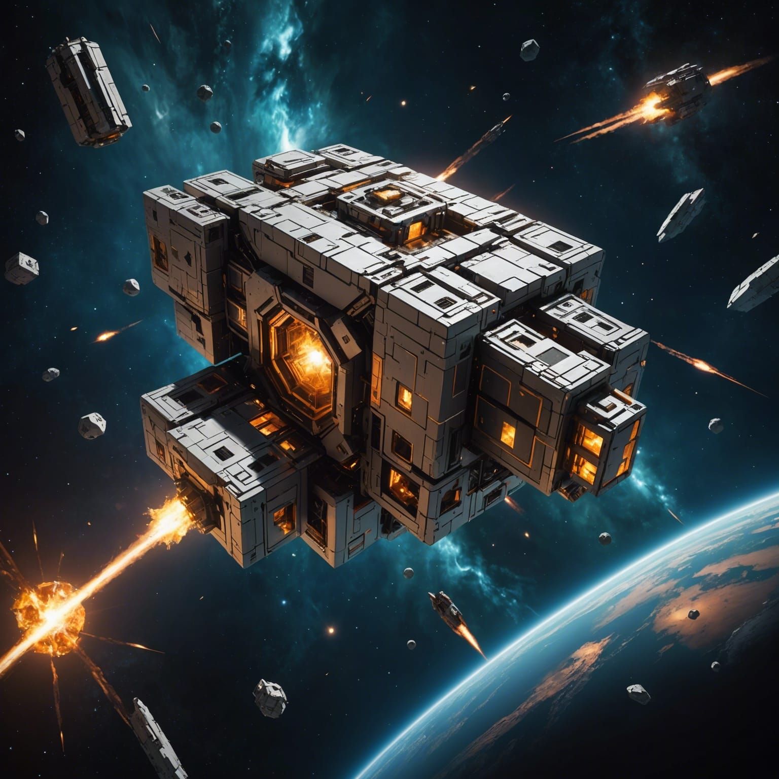 Cuboid Spacecraft Soaring Through Deep Space