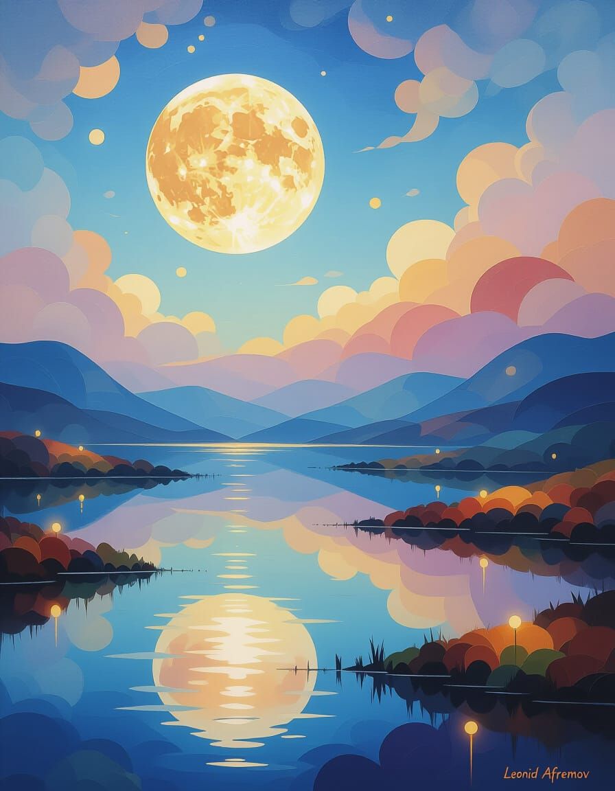 A surreal dreamscape where a giant, luminous moon hovers ove...