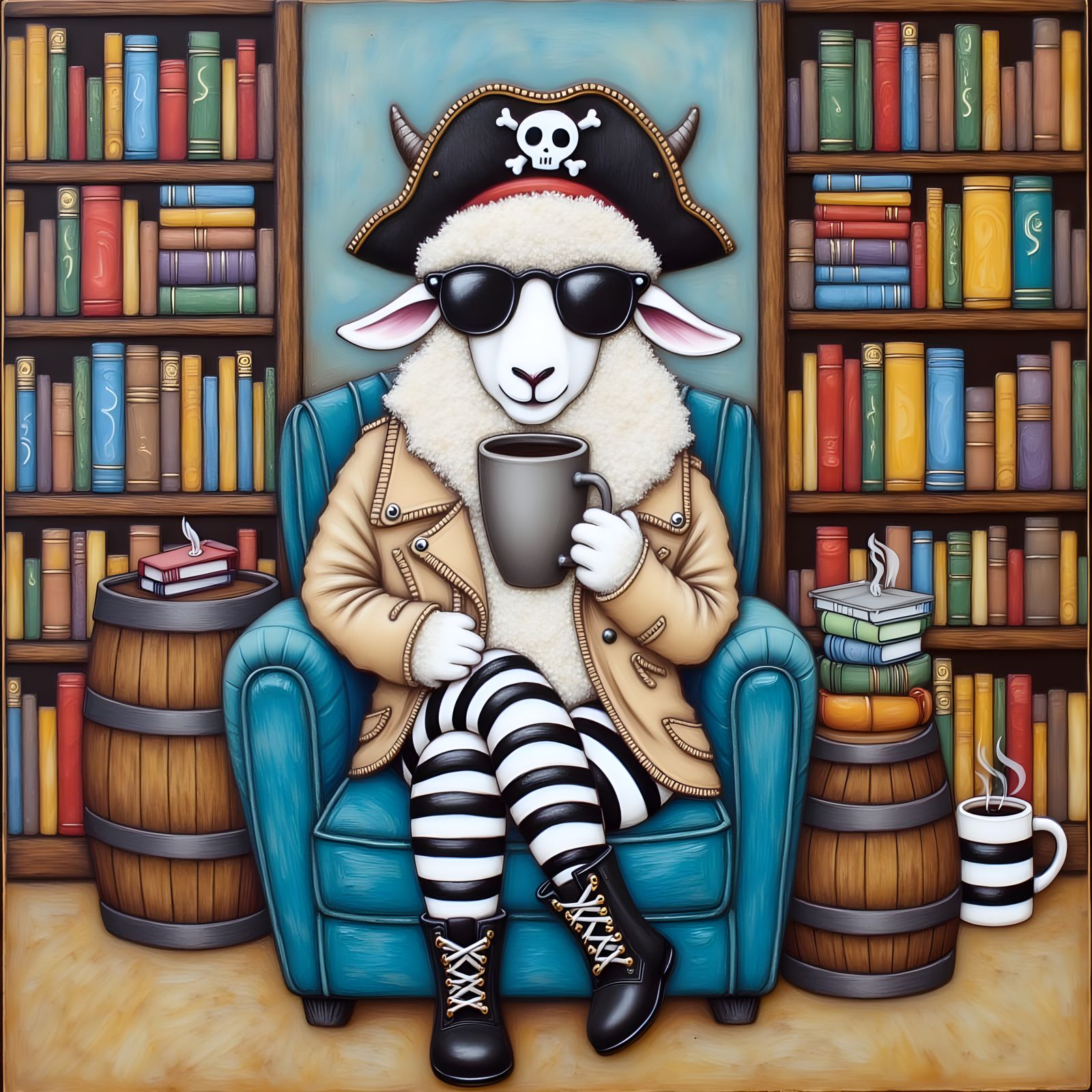 Sheep Pirate Drinking Coffee Character