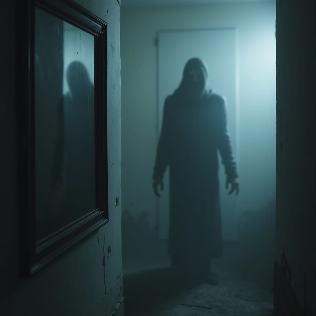 Eerie Mirror Reflection of a Dark Figure