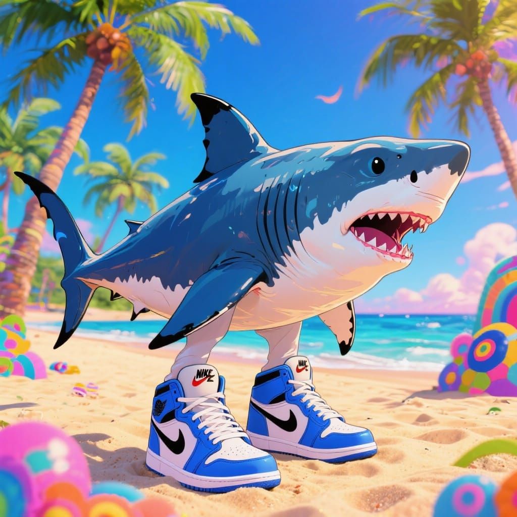 Shark Wearing Jordans by the Beach in Pop Art Style