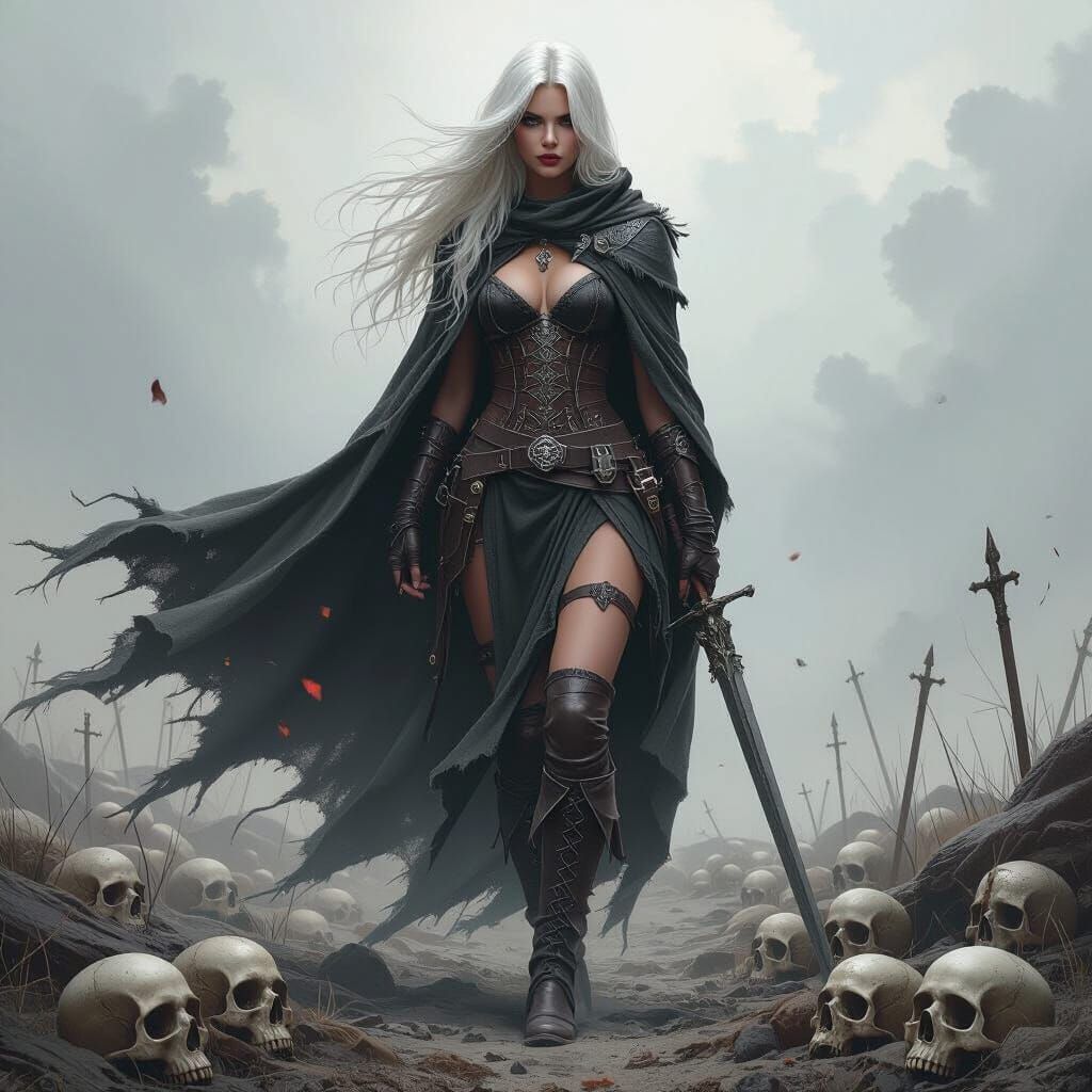 Battlefield Beauty: Female Warrior in Torn Cloak
