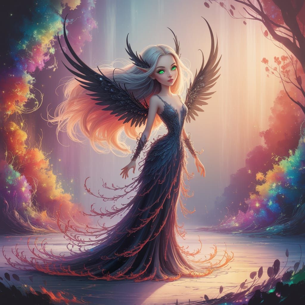 Ethereal Enchantress with Fiery Dress, in Watercolor Style