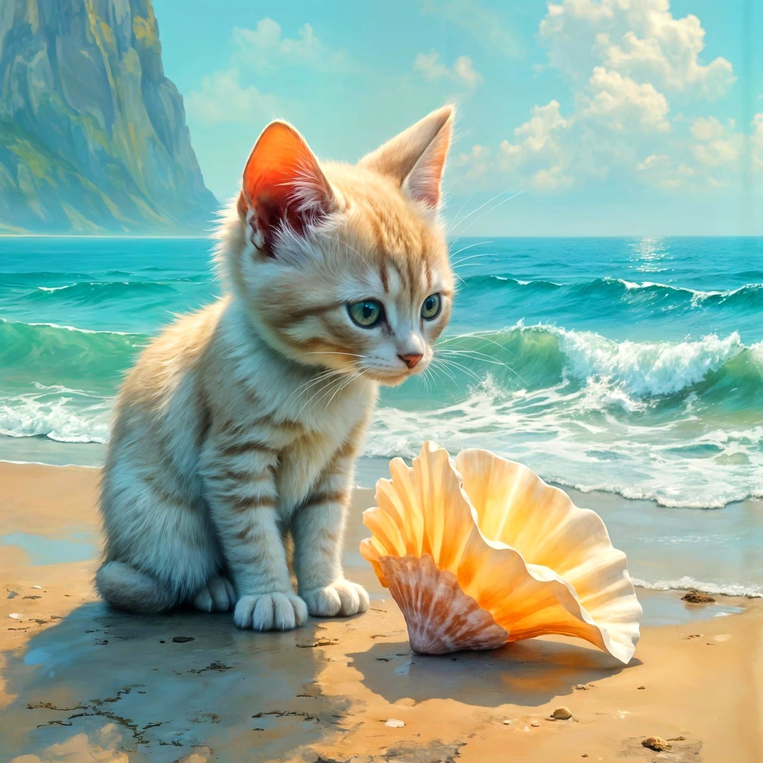 Tiny Pearl Cat Discovers Seashell on Beach