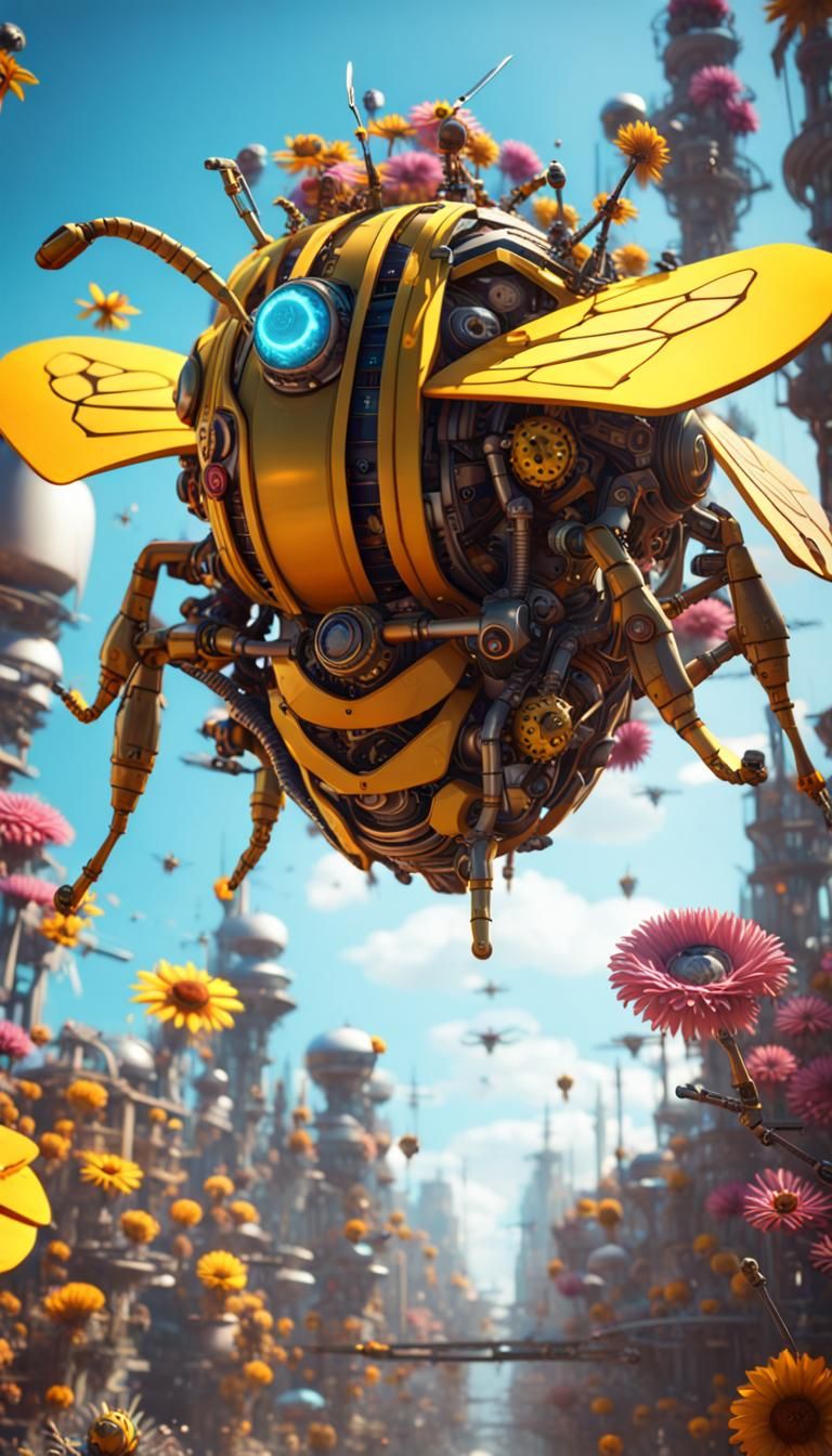 Mechanical Bee Flying Through Solarpunk Flower City