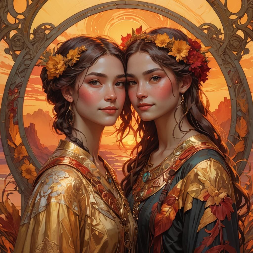 Sisters at Sunset: Portrait in Art Nouveau Style