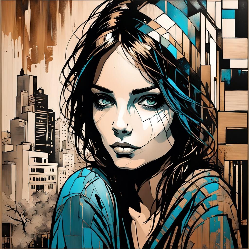 Female Portrait with Cityscape in Comic Book Art