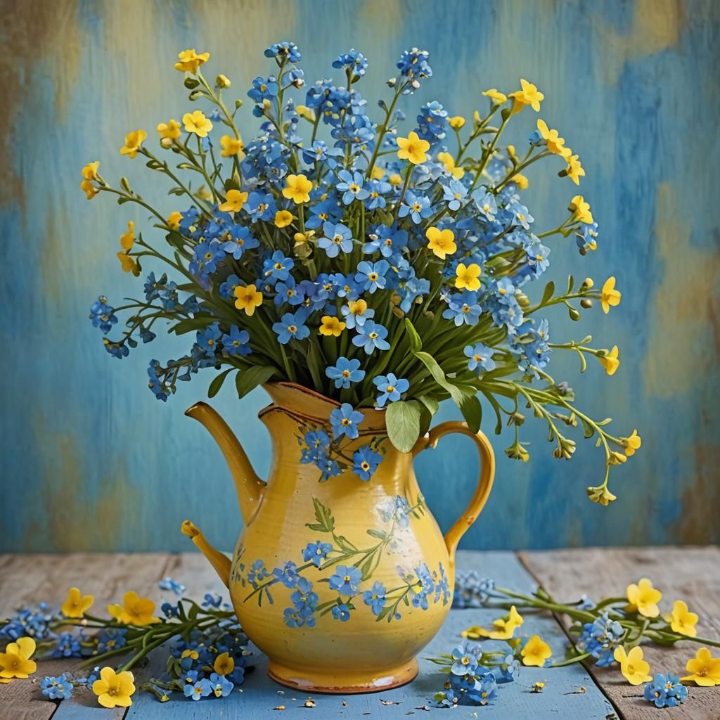 Forget-Me-Nots in Yellow Jug: Hyper-Realistic Floral