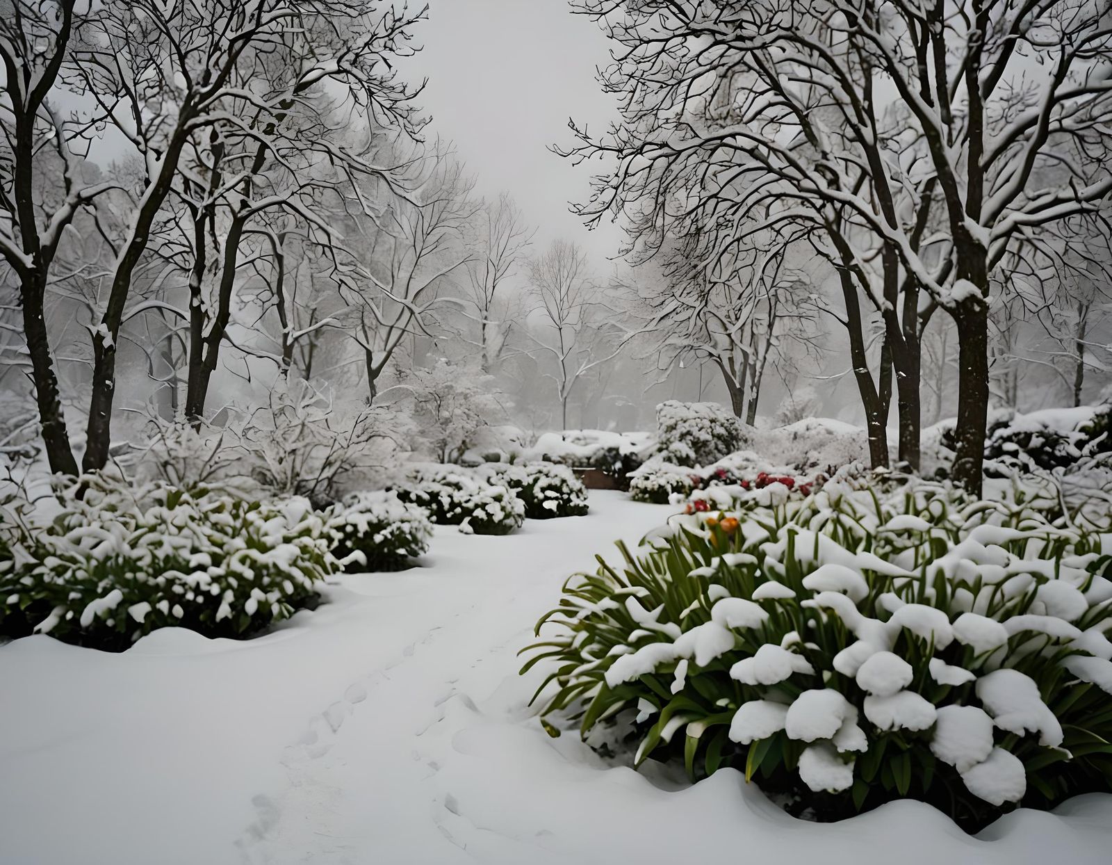 Snowy Norwegian Garden in Winter