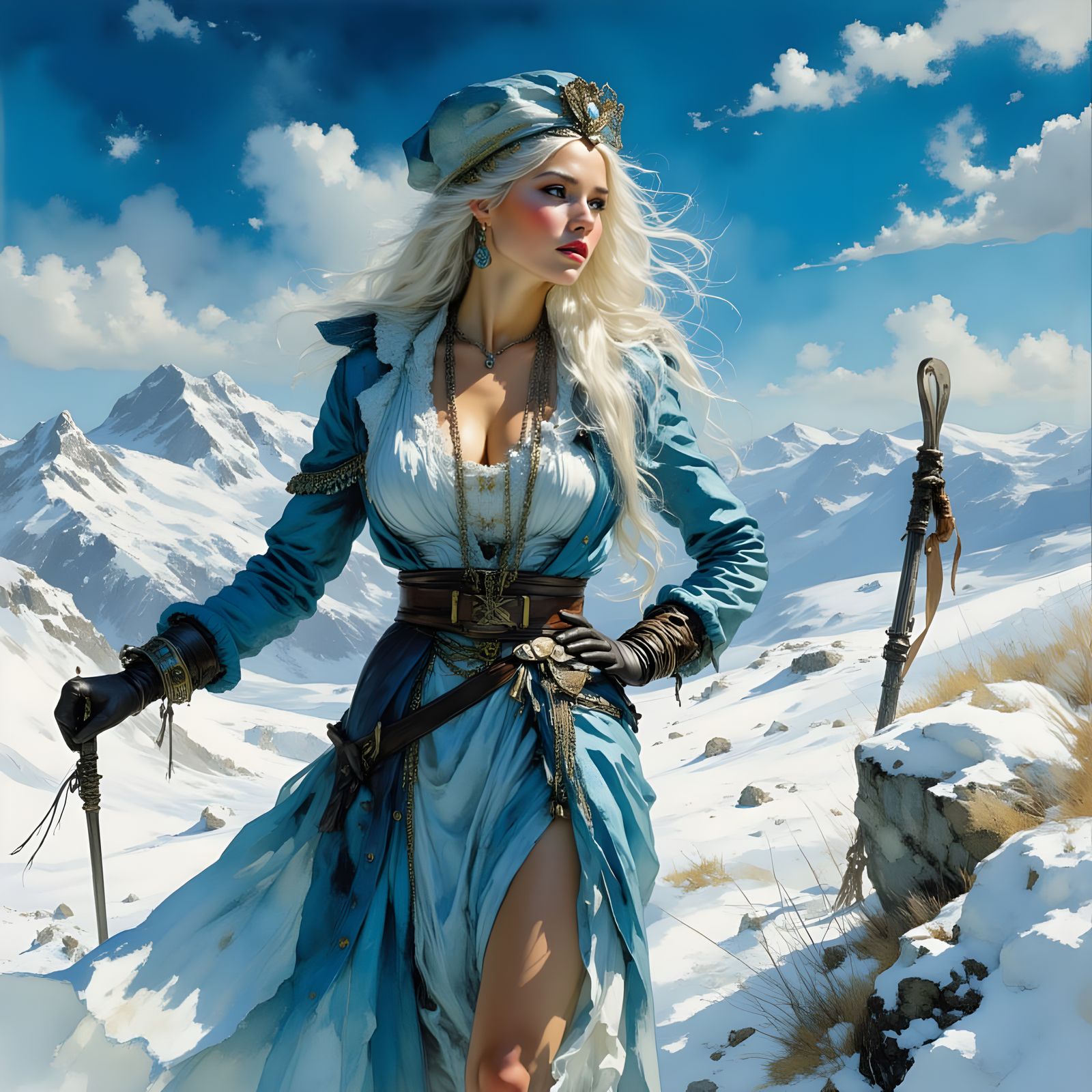 Norse Goddess Poses on Mountain Ski-Jump in Fashion Portrait