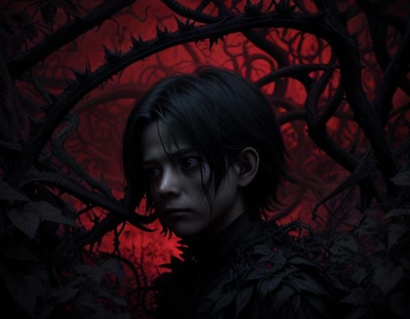 Nightmarish Garden Dreamscape Painting of Lost Child