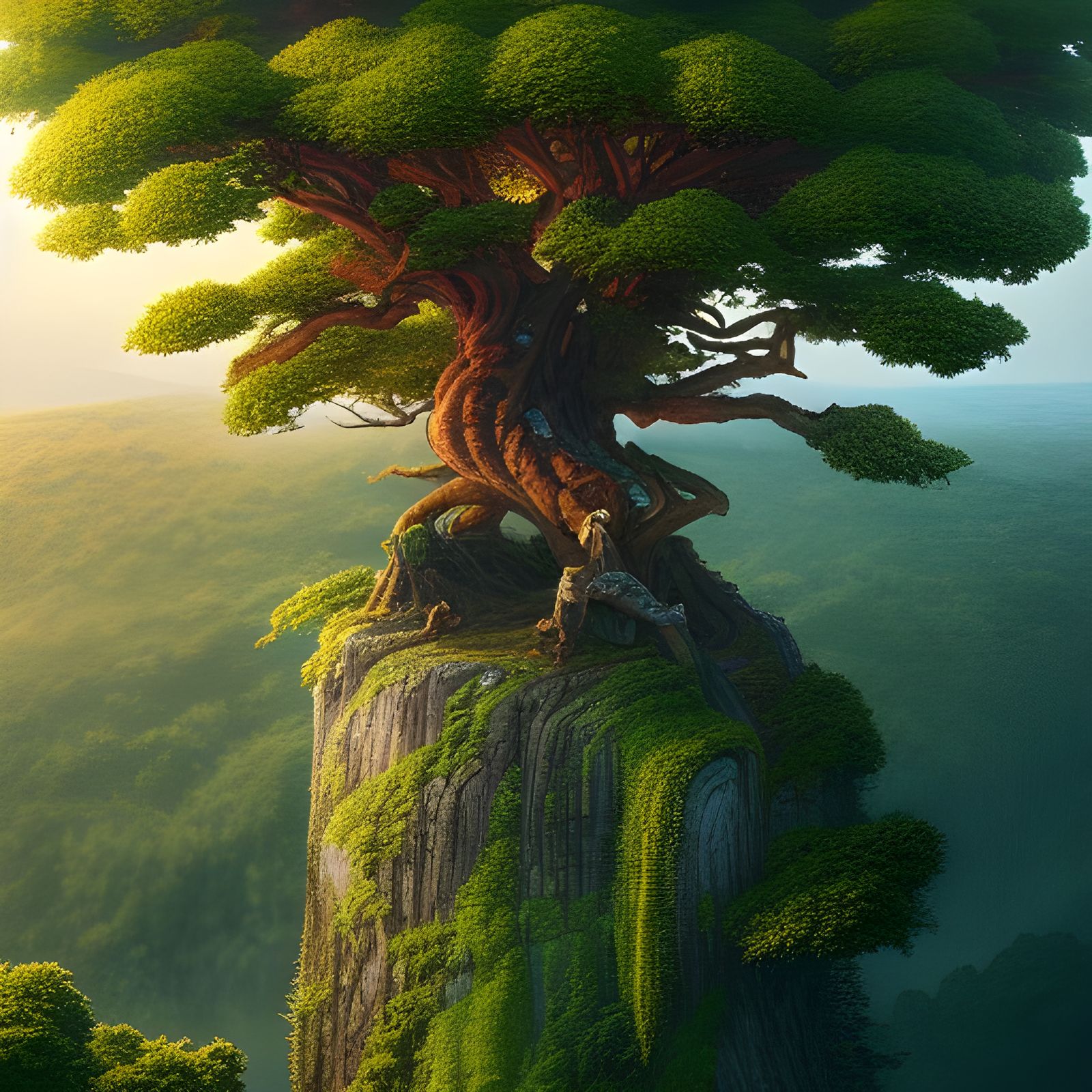 Majestic Tree on Cliff Edge in Golden Light