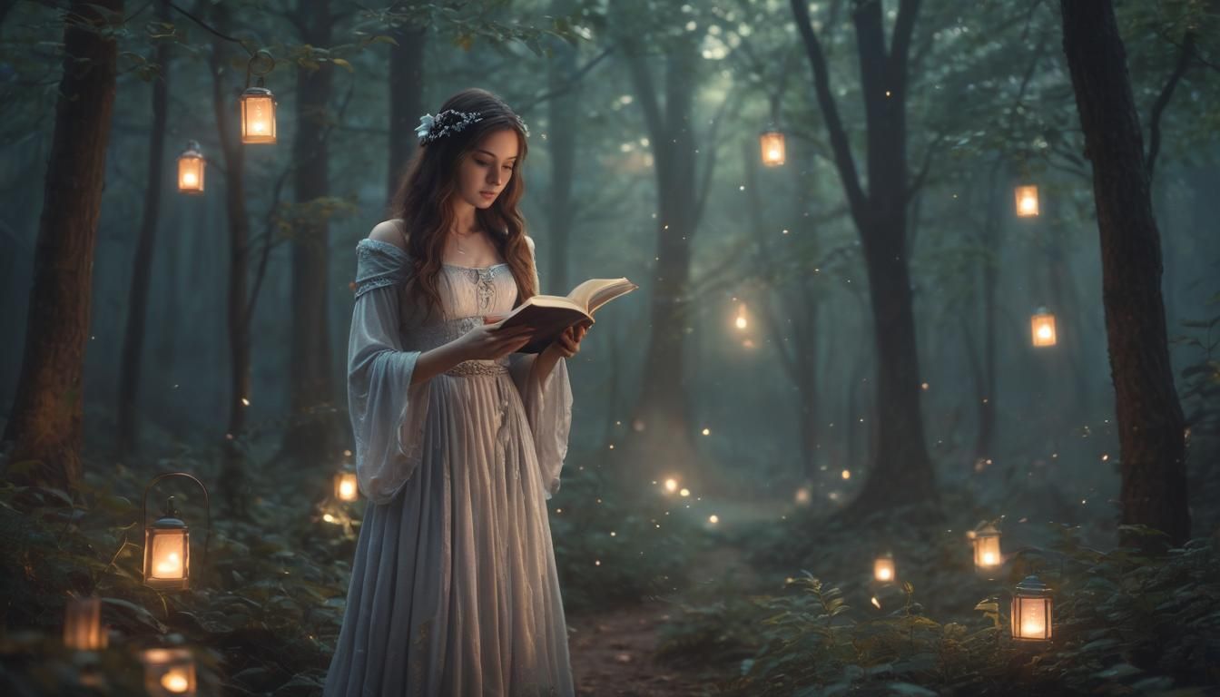 Mystical Sorceress in Forest at Dusk: Ethereal Fantasy