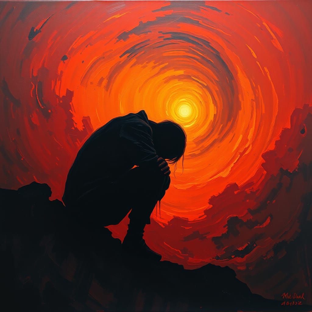 Dramatic Oil Silhouette of Defeat in Fiery Red Landscape