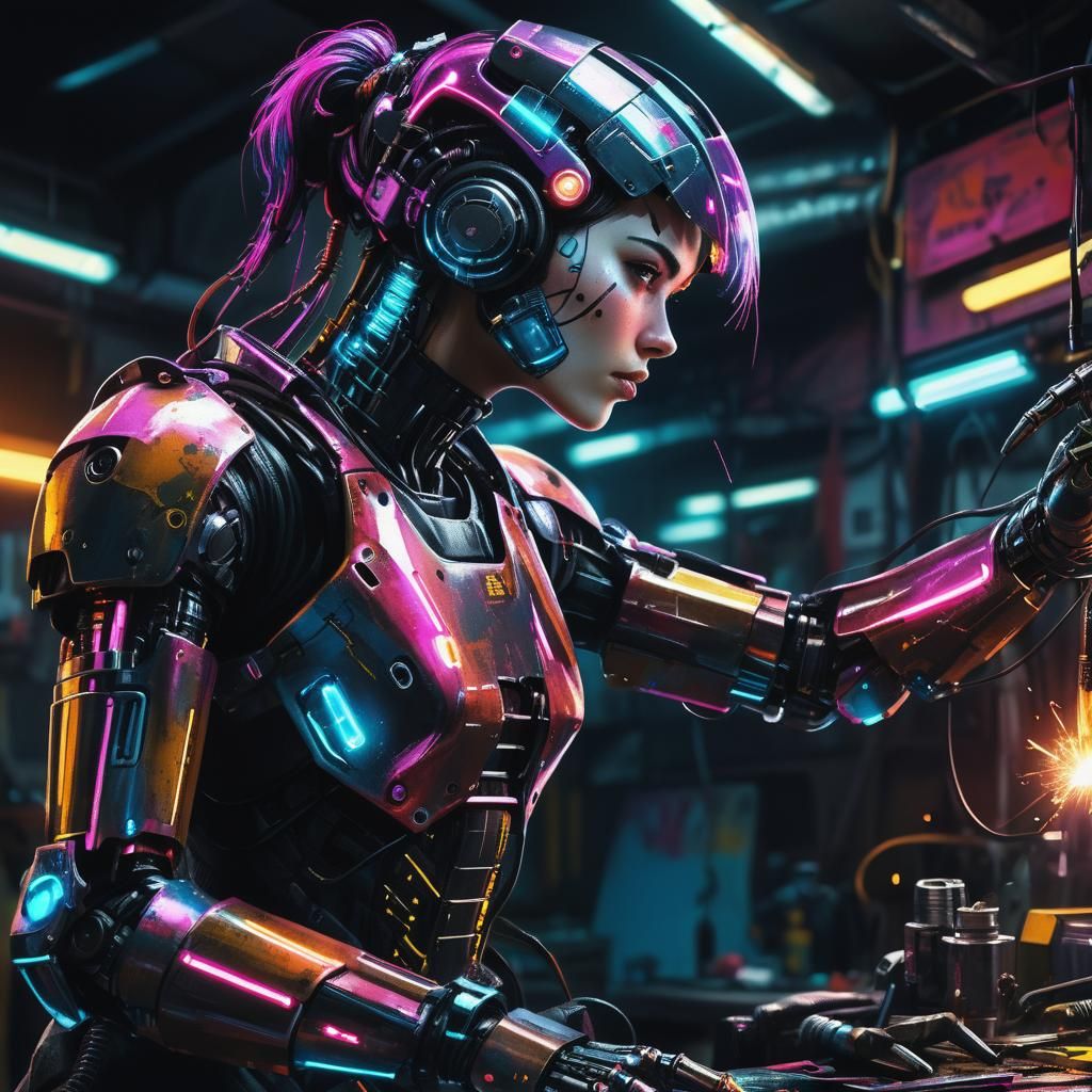 Cyberpunk Female Repairs Robot in Neon Garage