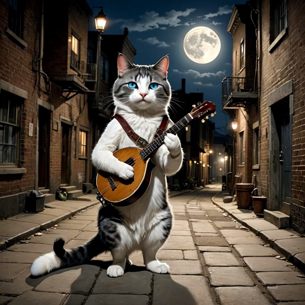 Whimsical Feline Banjoist Under Moonlight