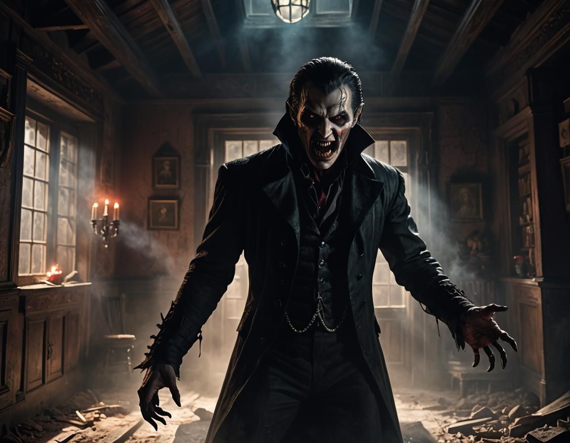 Menacing Vampire in Decaying Old House