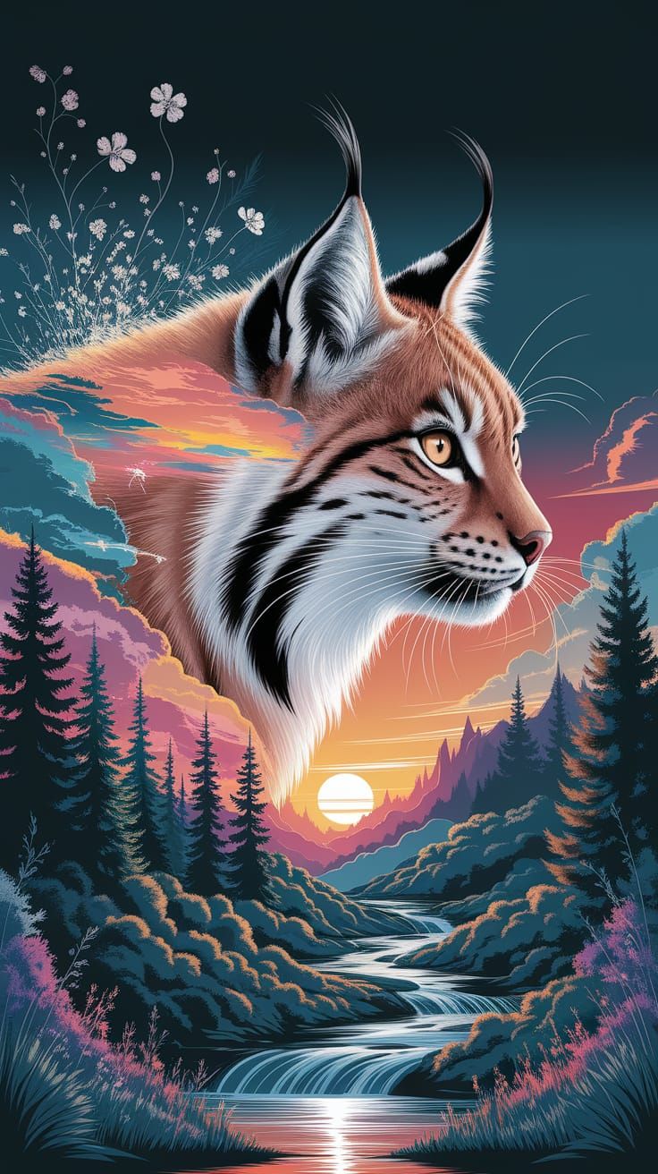 Lynx and Sunset Double Exposure Illustration