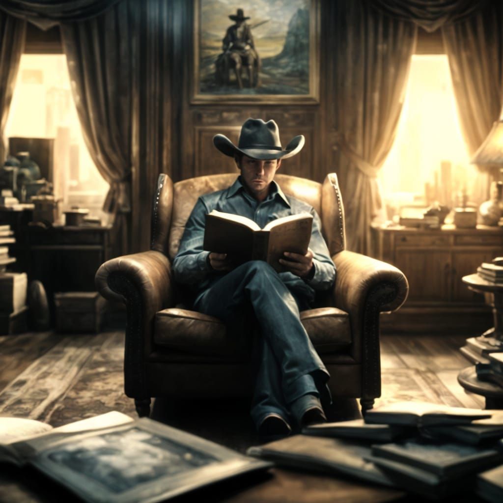 Cowboy Reading in Velvet Armchair