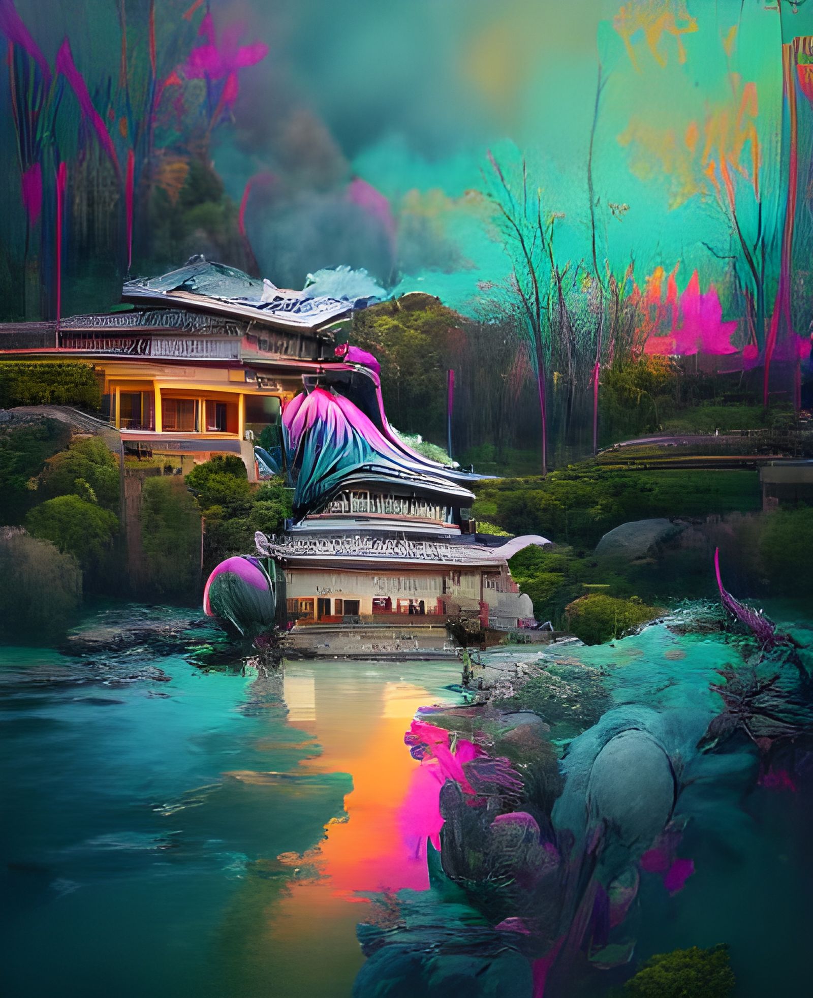 Psychedelic Japanese Tea Garden with Sunset Glow
