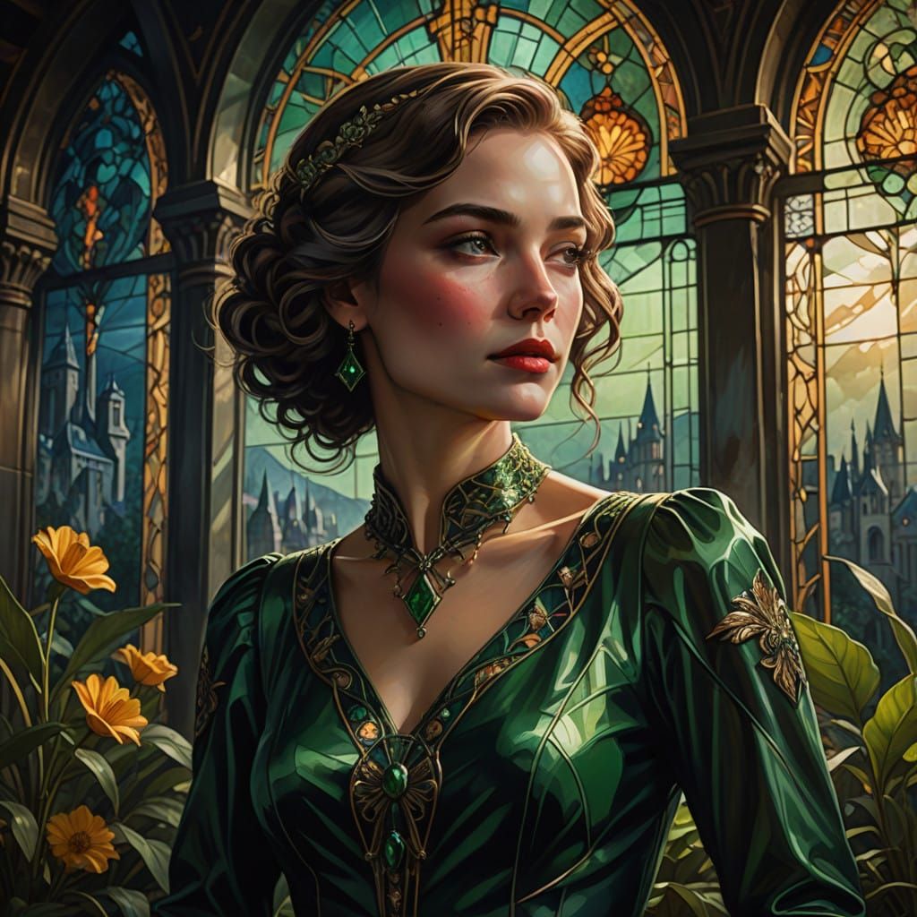 Hyperrealistic Stained Glass Portrait in Dark, Gaudy Art Dec...