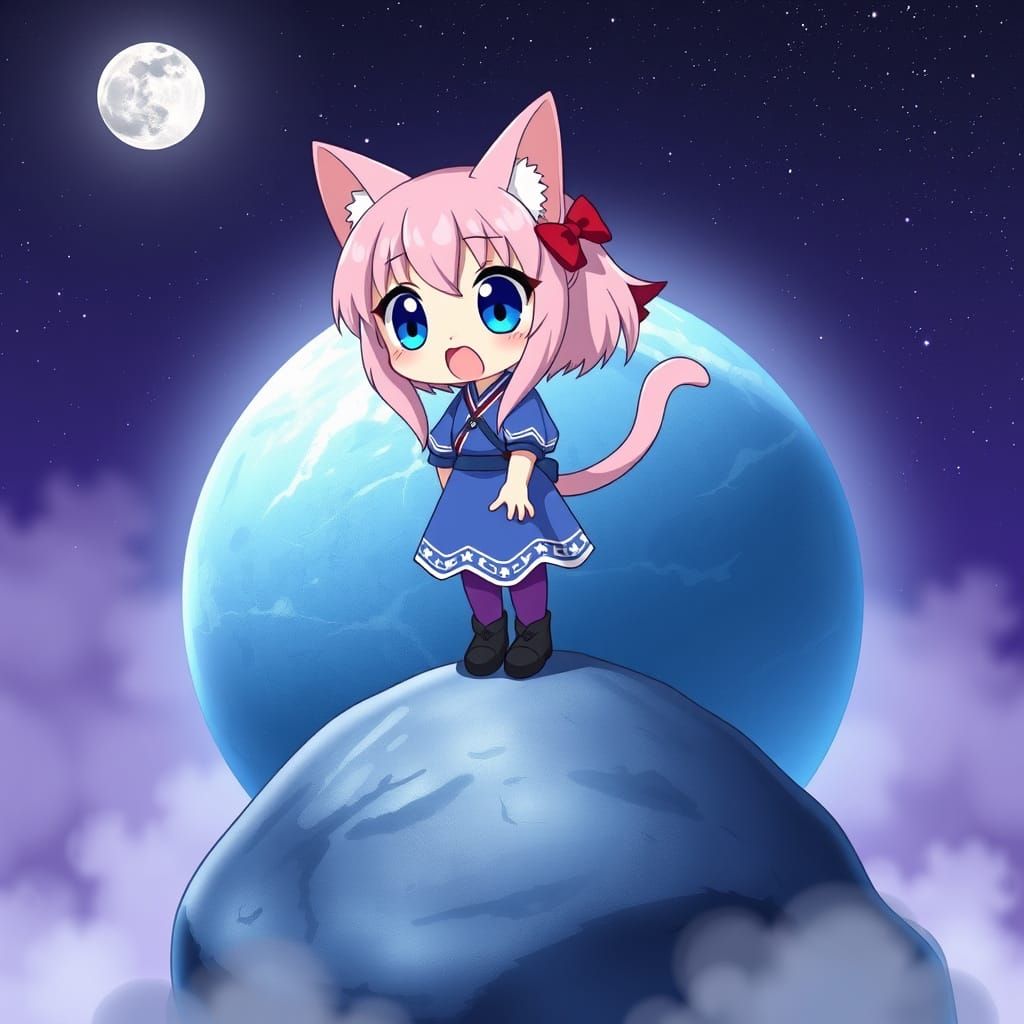 Cute Anime Catgirl Stands on Asteroid in Dreamlike Setting