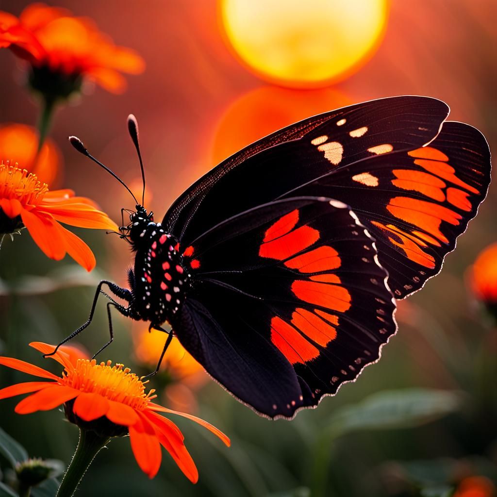 Butterfly Silhouette Against Setting Sun: Macro Photography