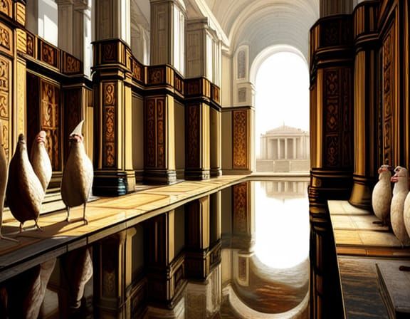 Whimsical Chicken Temple with Azure Canal