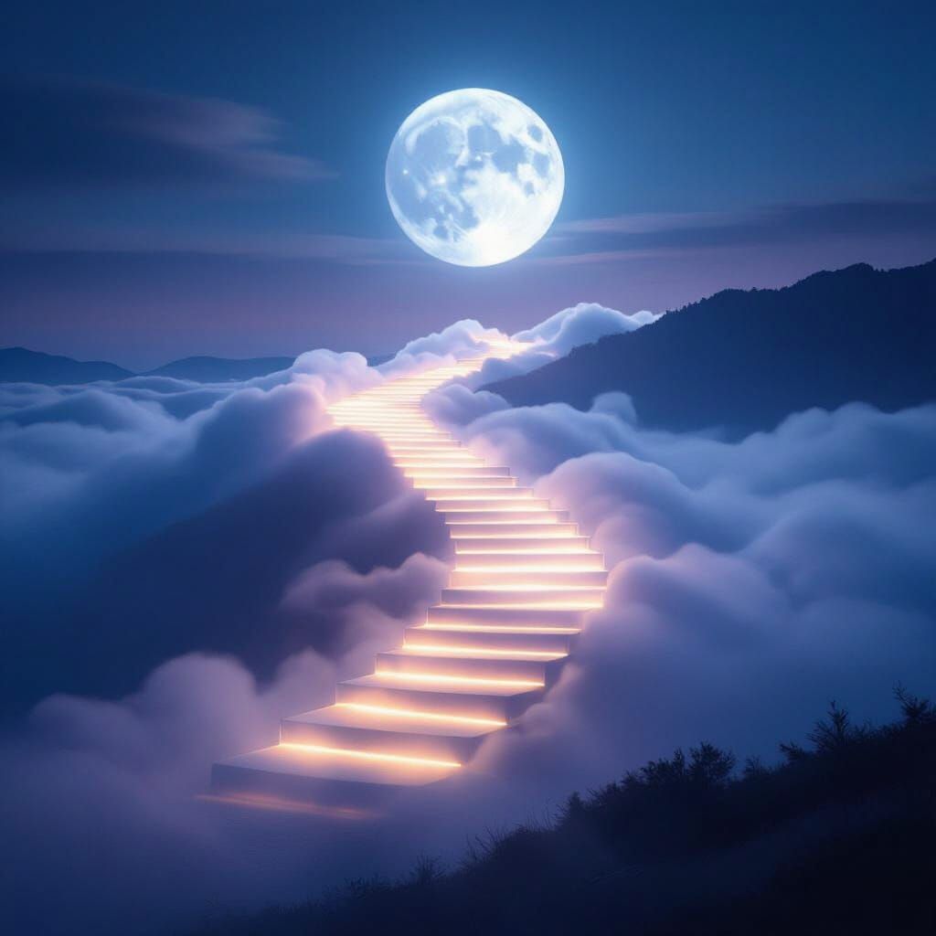 Ethereal Light Staircase Ascends to Moon