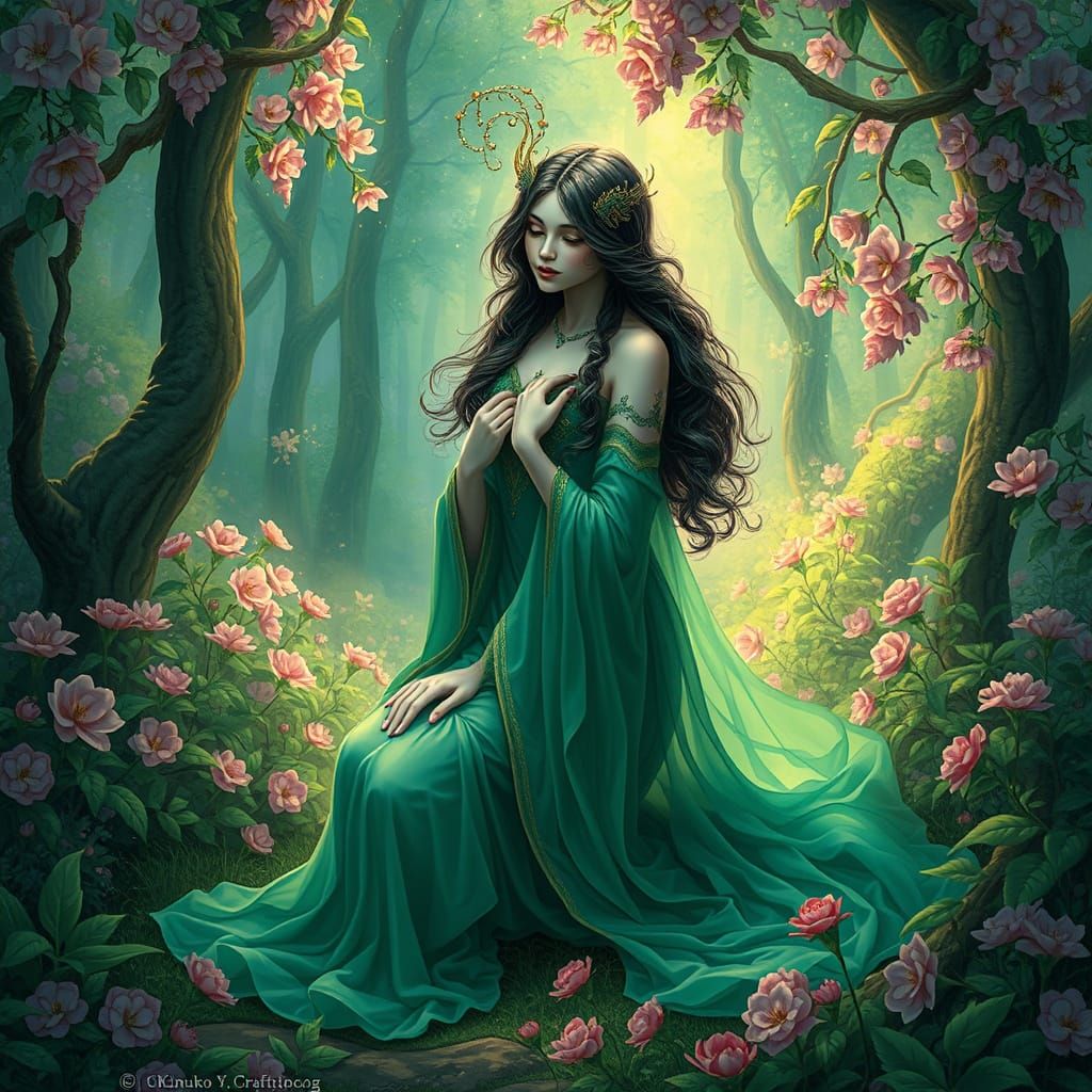 Mystical Emerald Figure in Lush Forest