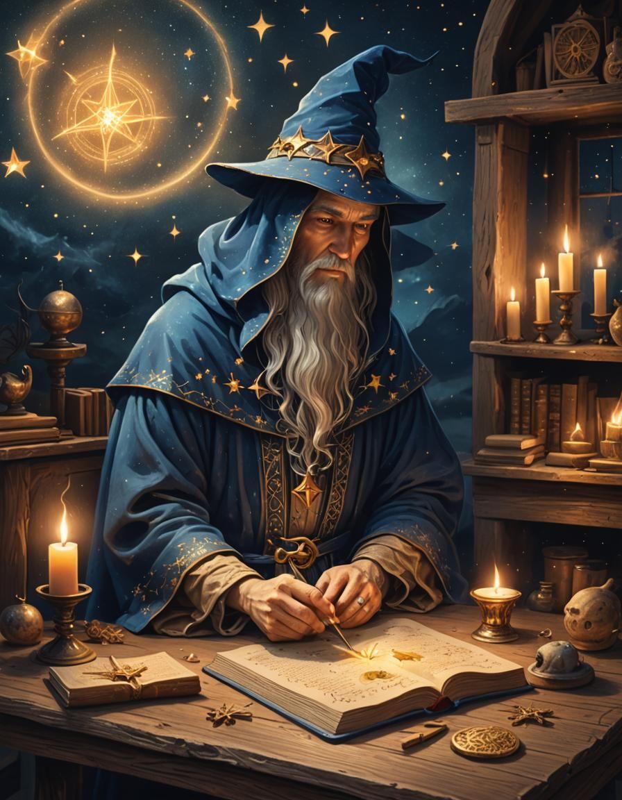 Mystical Wizard in Midnight Blue Robe with Gold Stars Reads....