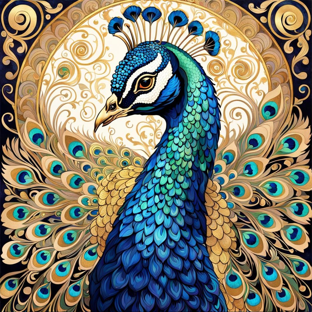 Ethereal Art Nouveau Peacock in Golden Splendor