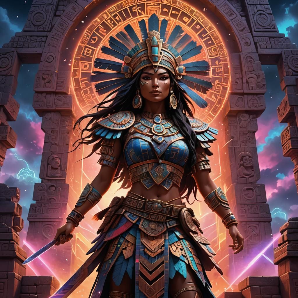 Triumphant Aztec Warrior Maiden in Anime Style