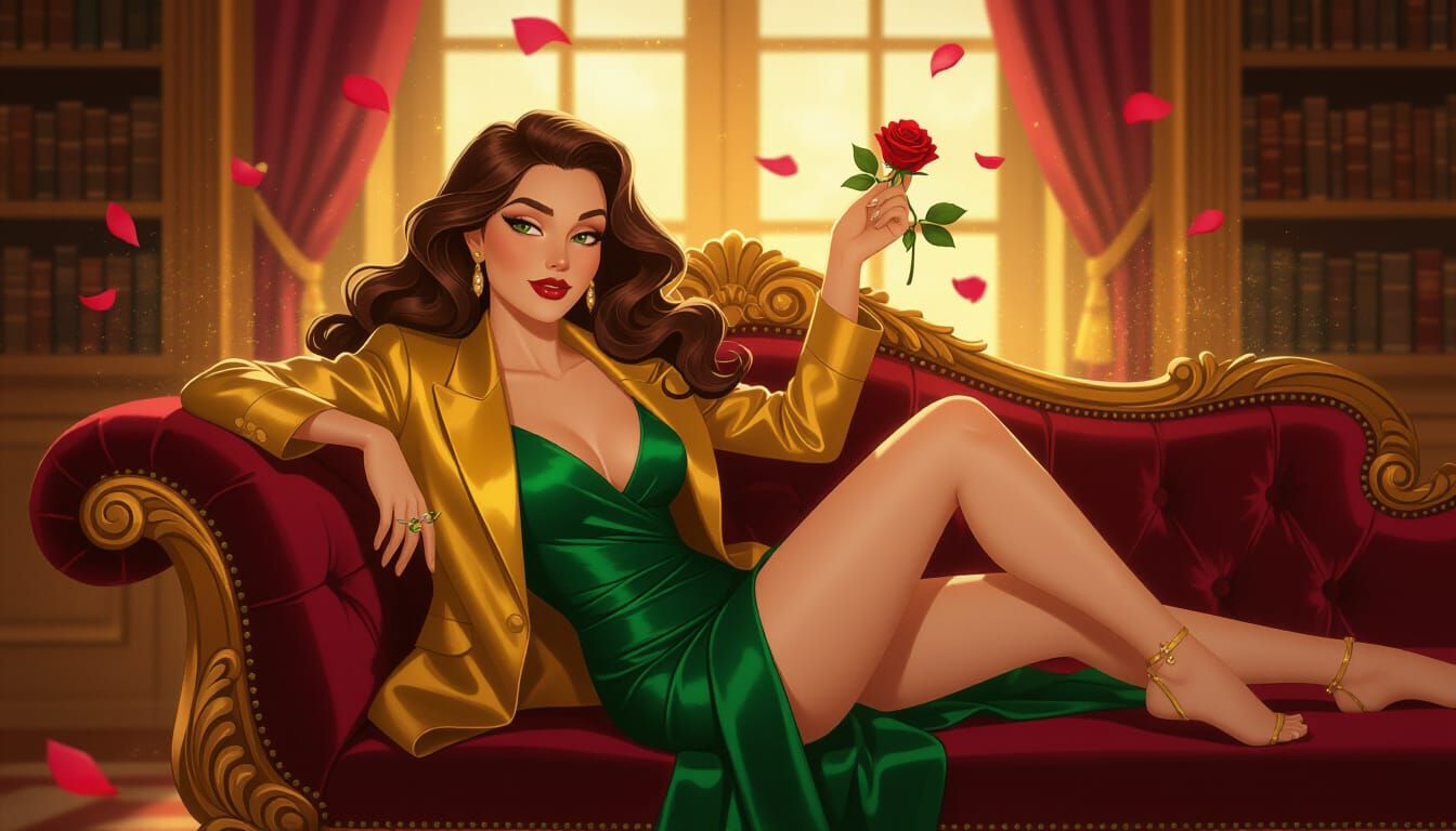 Belle Reclining in Emerald Silk and Golden Blazer