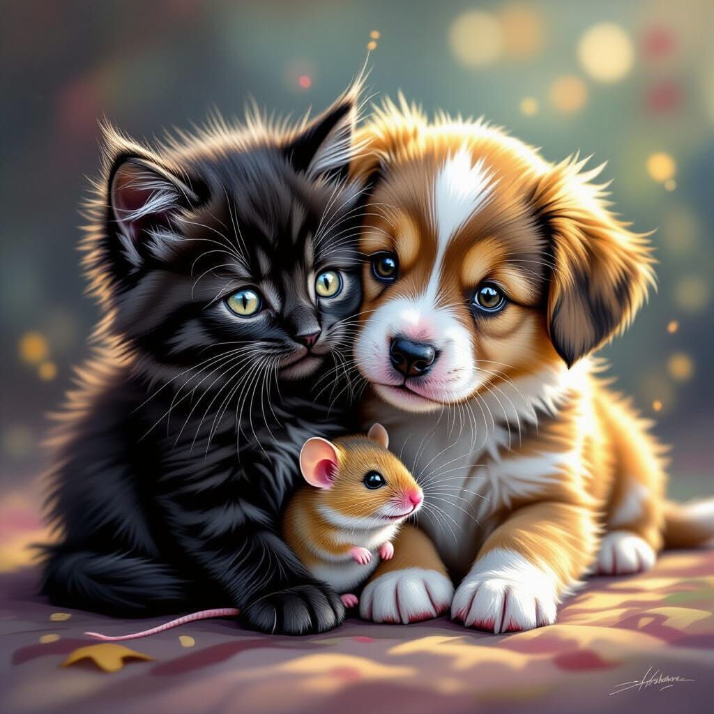 Fluffy Kitten, Puppy, and Mouse Snuggled Together