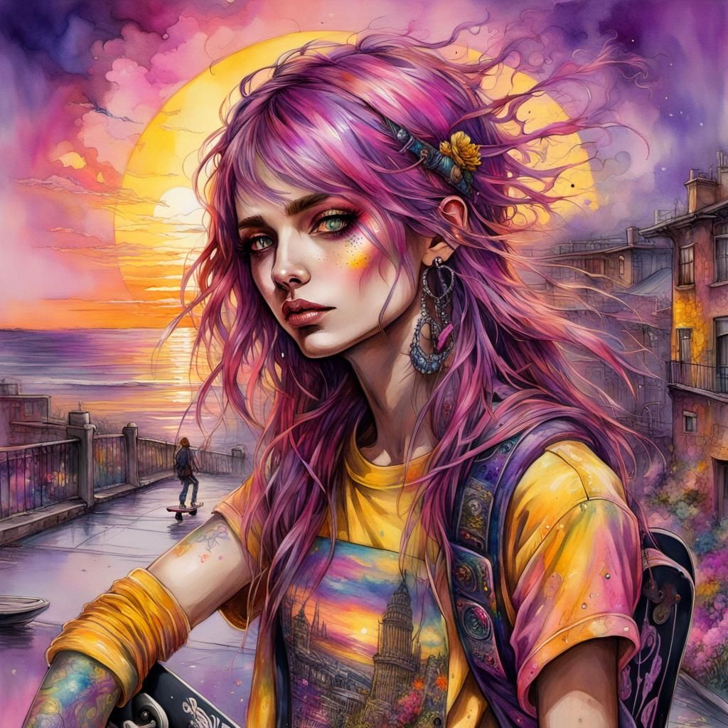 Sunset Skateboard World with Punk Girl, Watercolor Ink Style