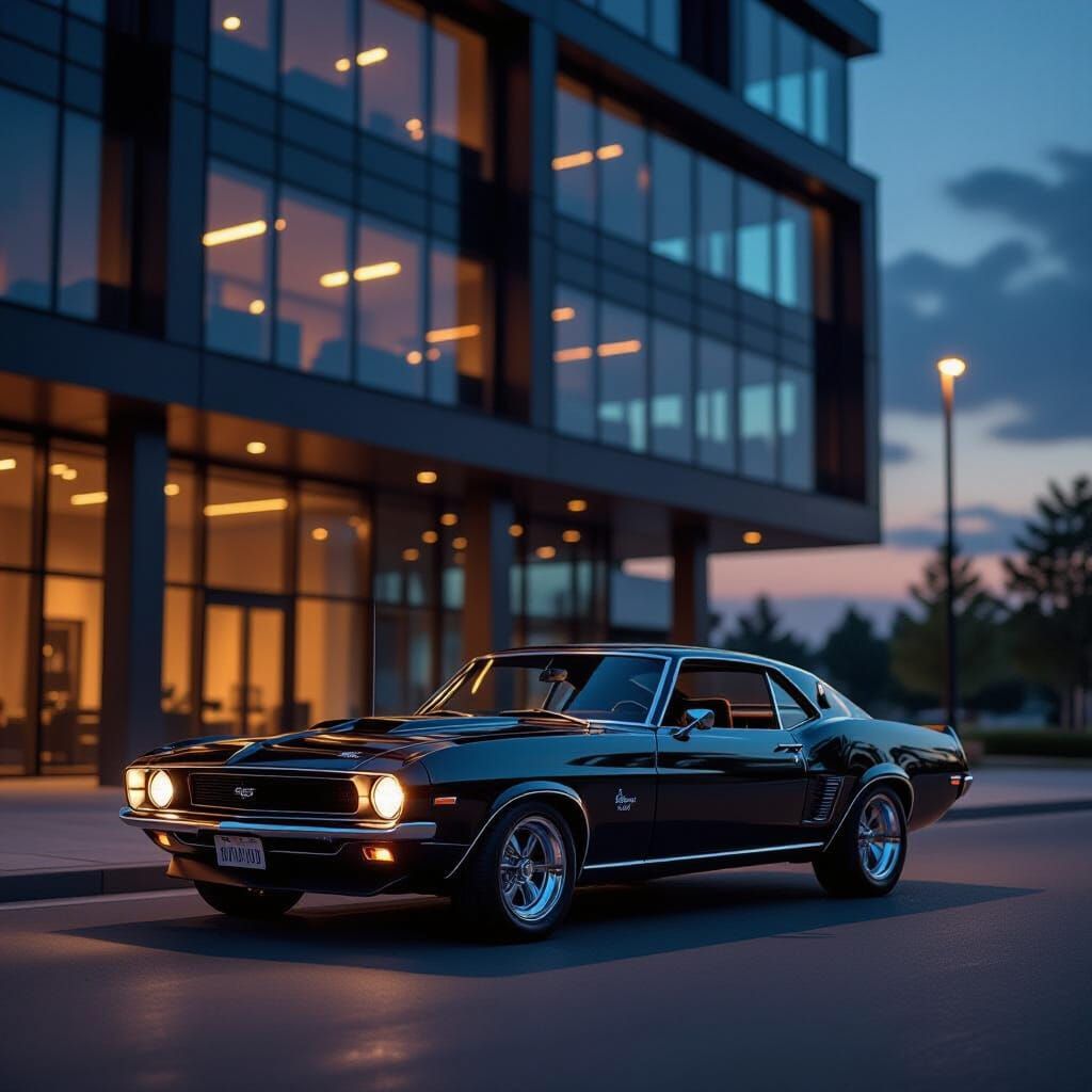 Modern Office Building at Dusk With Vintage Muscle Car