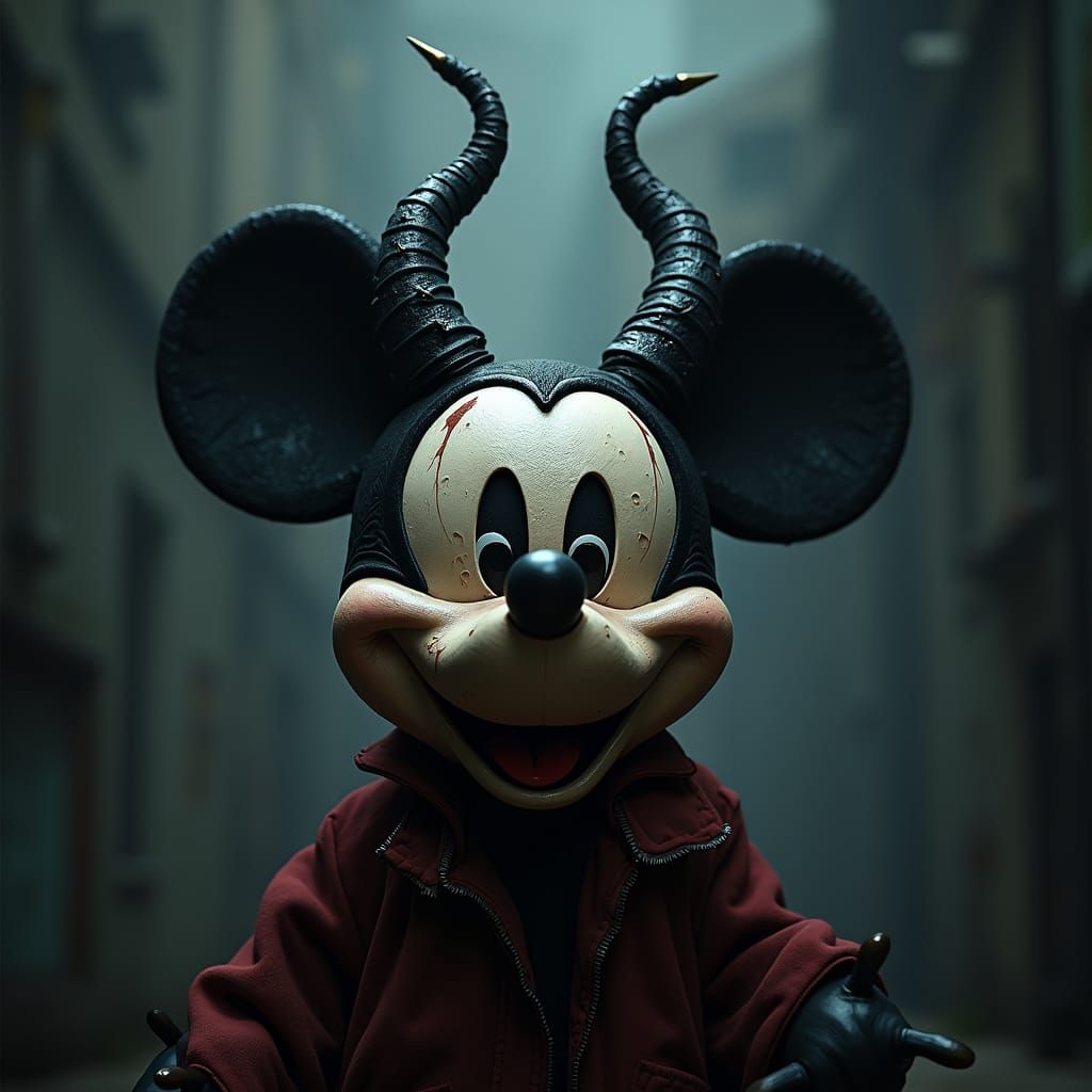 Mickey Mouse as a demon, with horns and an evil smile.