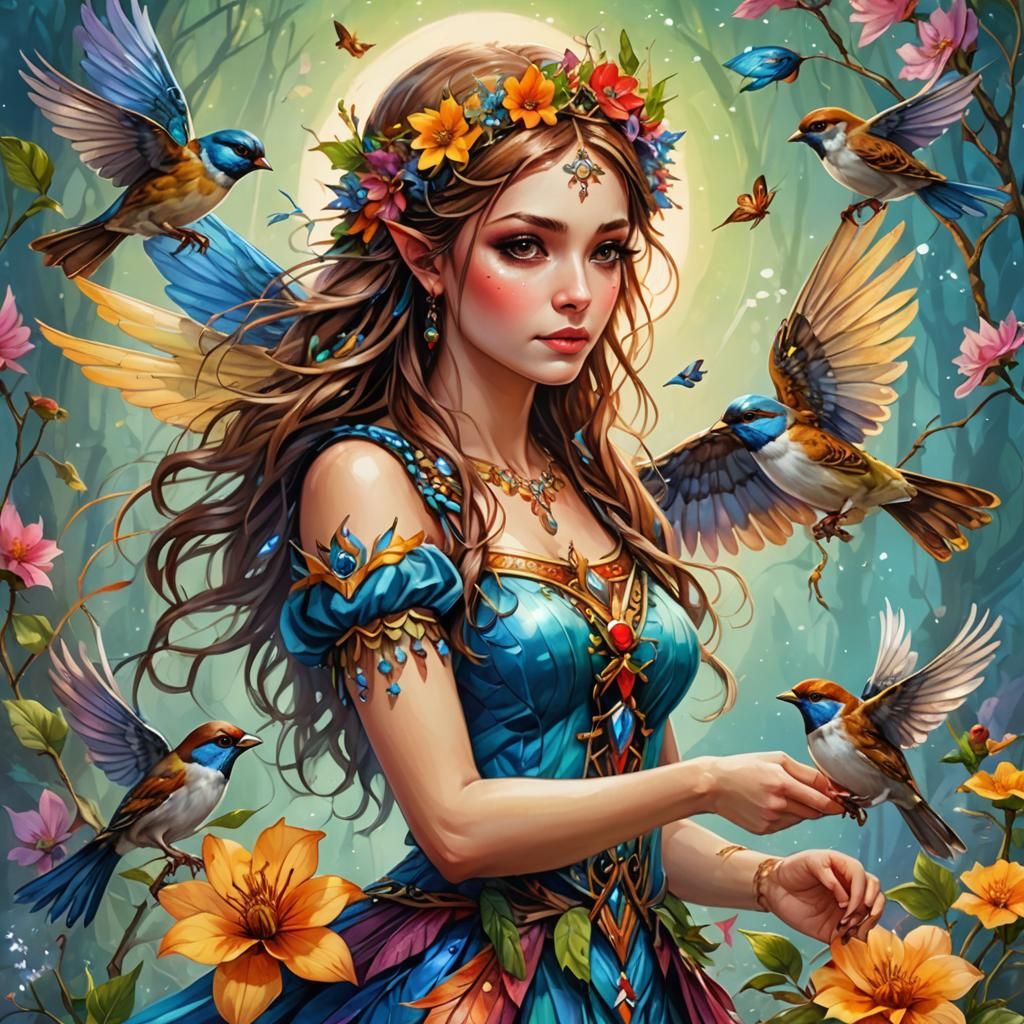 Vivid Sparrow Fairy Goddess in a Fantasy Setting