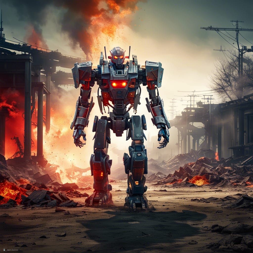 Giant Mecha Robot in Post-Apocalyptic Landscape