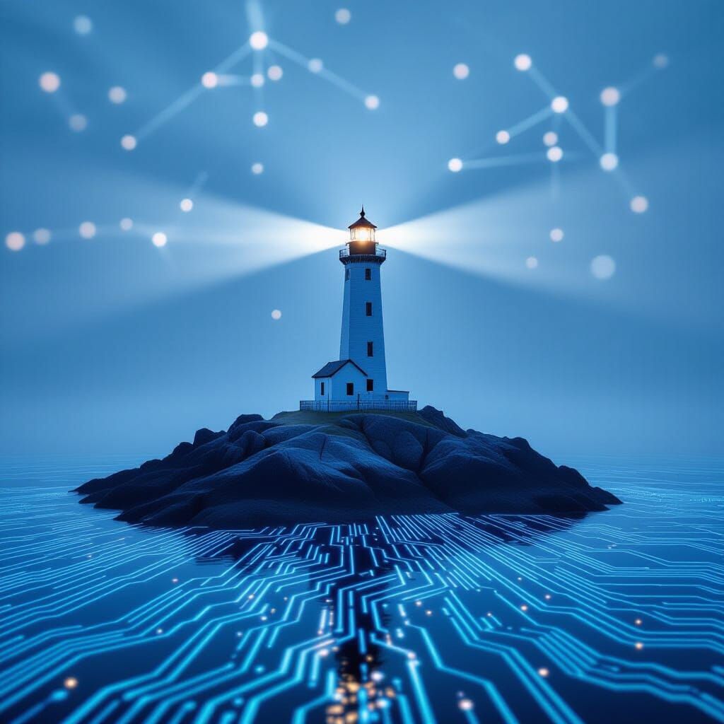 Lighthouse in Digital Fog on Circuit Board Ocean