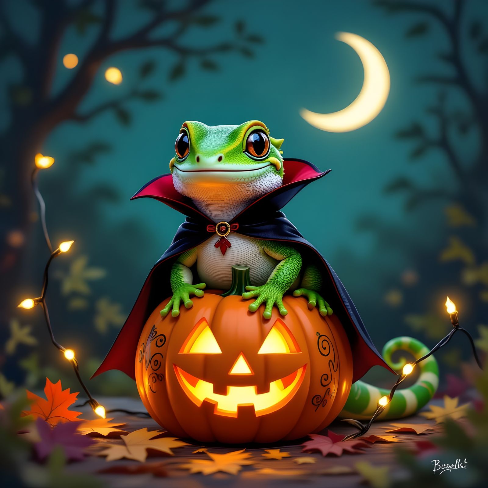 Whimsical Gecko in Vampire Costume on Pumpkin