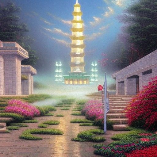 Ethereal North Korean Landscape in Kinkade Style