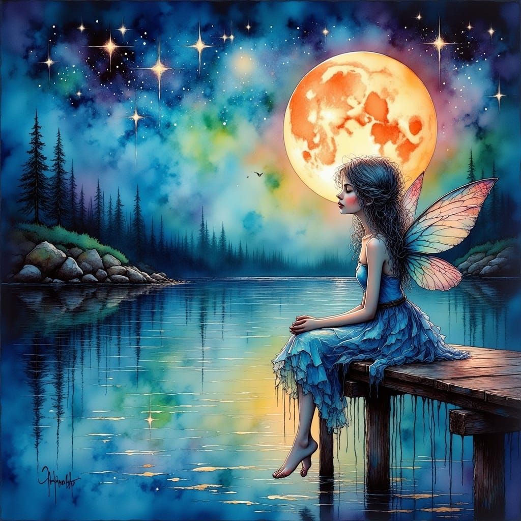 <lora:Ink Poet:1.0> A beautiful fairy with messy hair is sitting on the edge of a dock, dipping her toes in the water of...