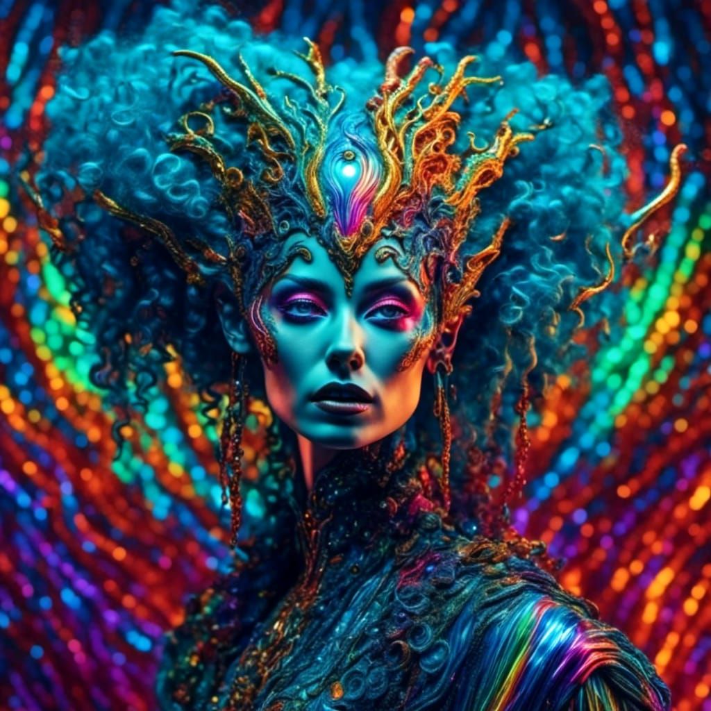 Alien in Rainbow Hair as Surreal Macro Portrait