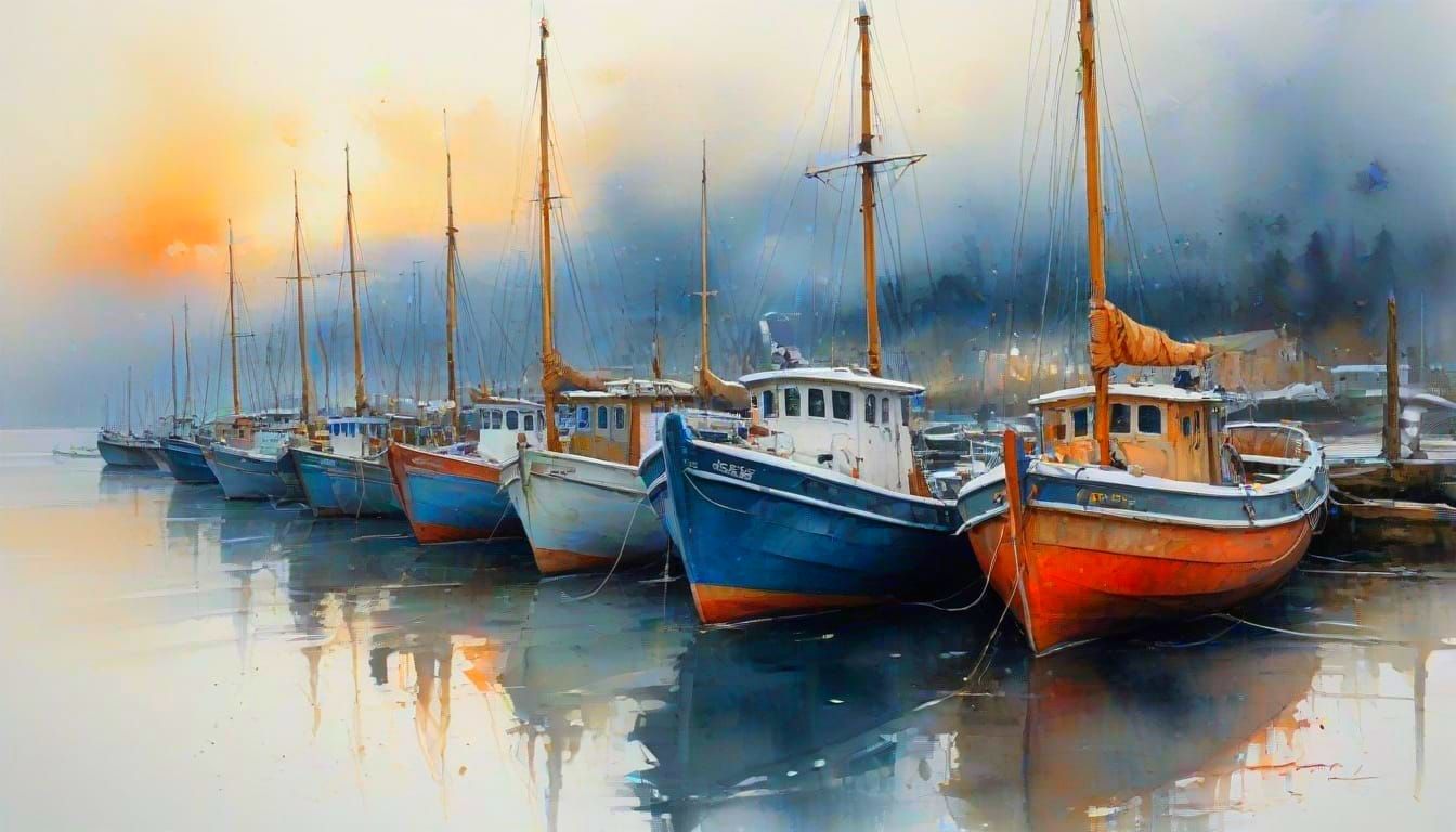 Old Harbour Boats at Golden Hour Sunset