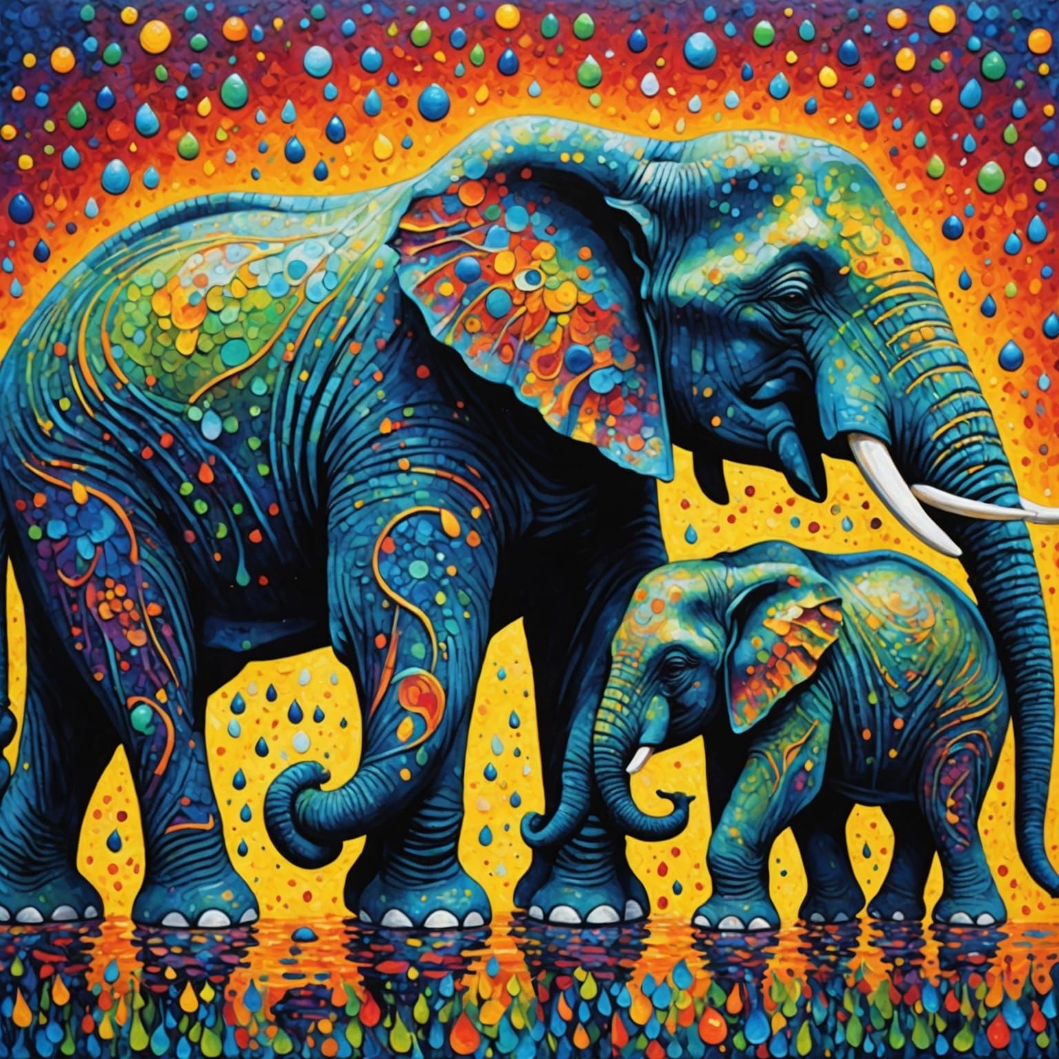 Pointillist Elephants in Swirling Ink Droplets