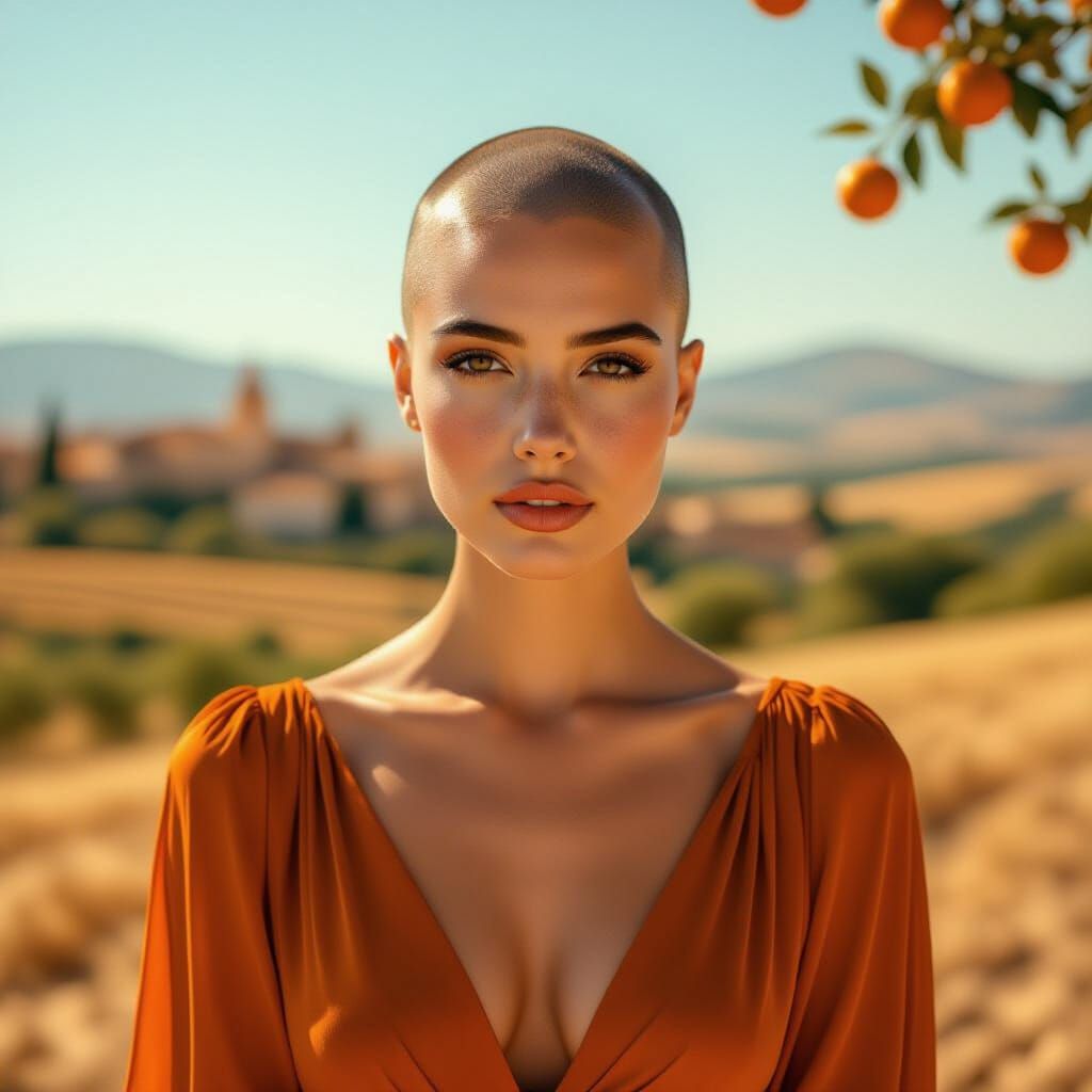 Bald Spanish Woman in Chiffon Dress in Andalusian Landscape