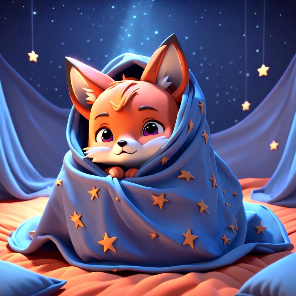 Cute Fox Under Blanket in Pixar Style